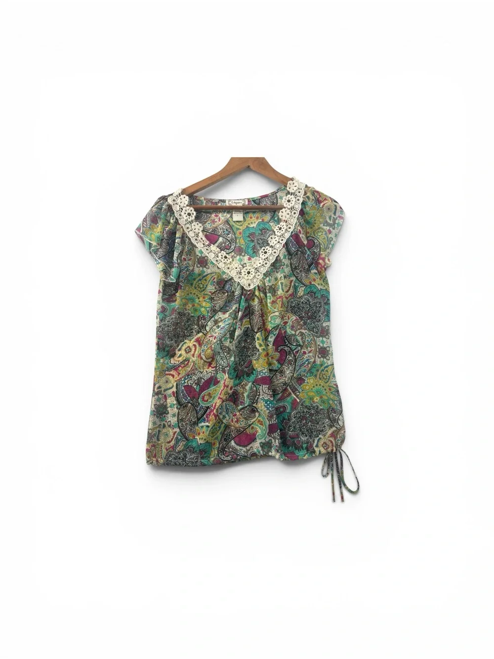 Six Degrees Top Womens Size Large Paisley Crochet Y2K 90s Shirt Tie Waist VTG
